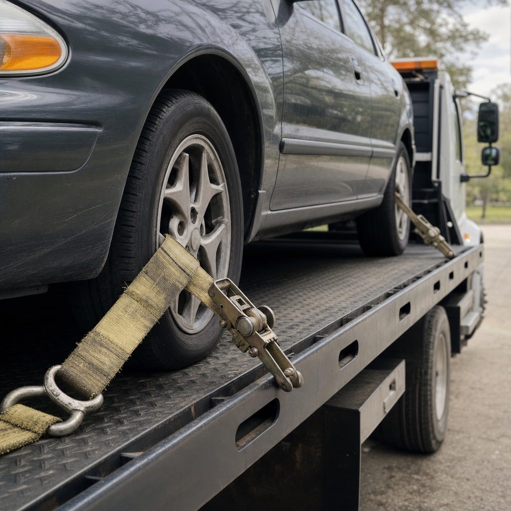 Vehicle secured with tie-down straps on a flatbed tow truck