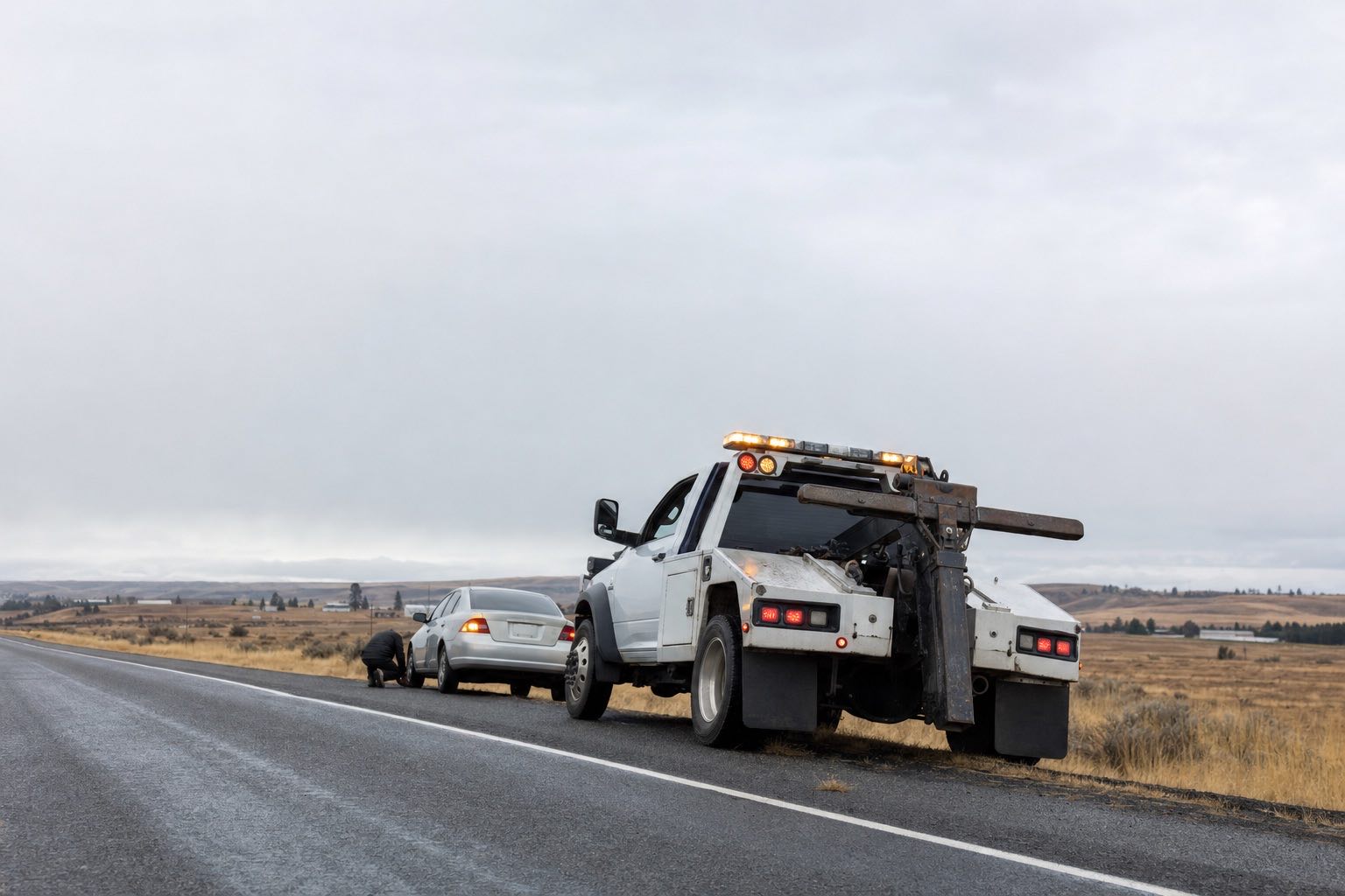 Tow operator assisting a stranded vehicle on a rural roadside shoulder