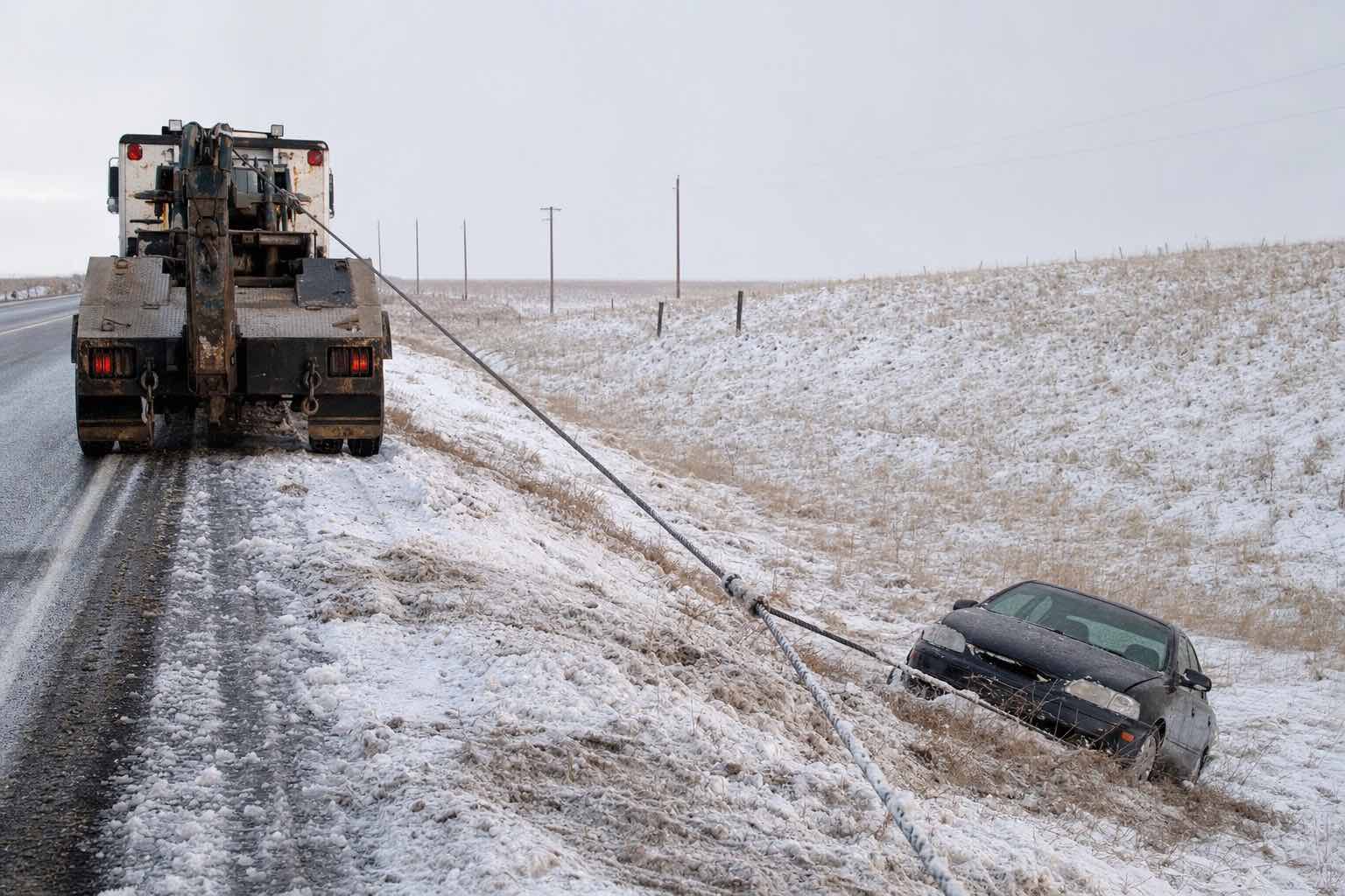 Tow operator running a winch cable to recover a vehicle from a snowy roadside ditch